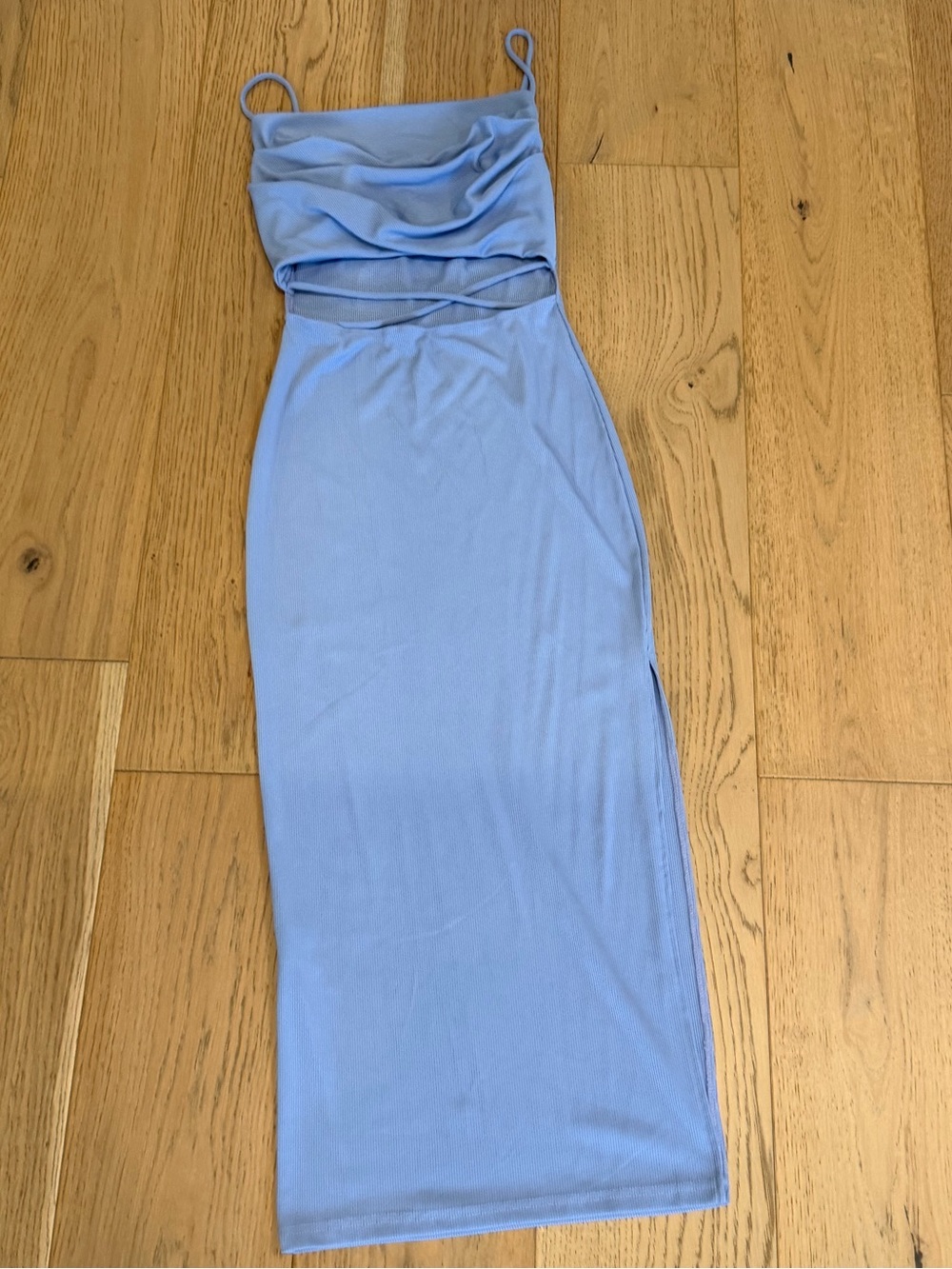 Hello Molly Periwinkle Ruched Spaghetti Strap Midi Dress